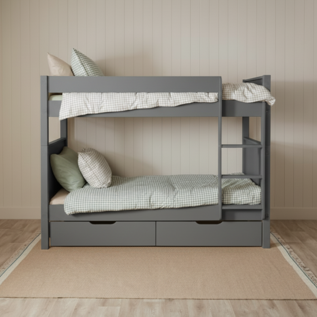 Gray bunk bed with checkered bedding in a room with wooden flooring and beige walls.