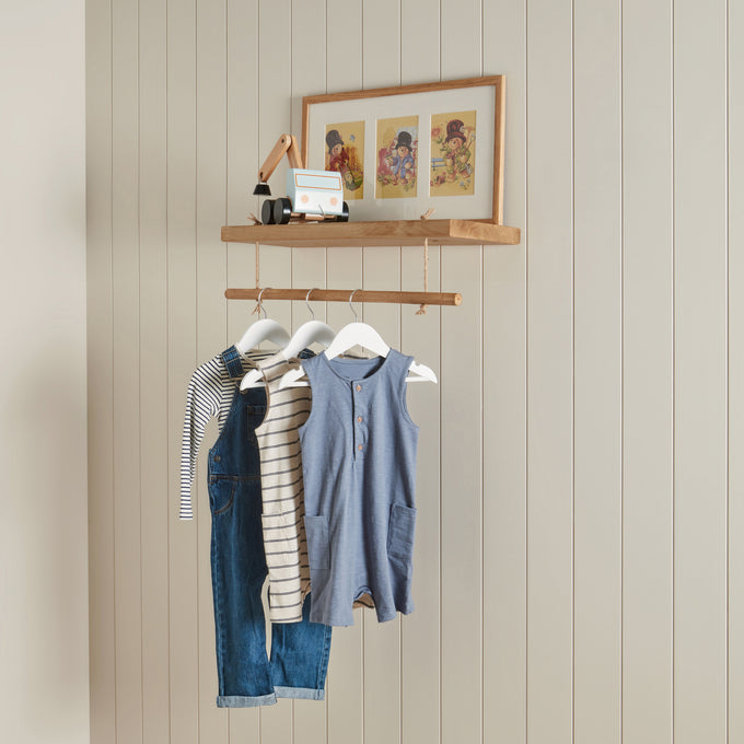 Solid Pine Kids Floating Shelf with Hanging Rail