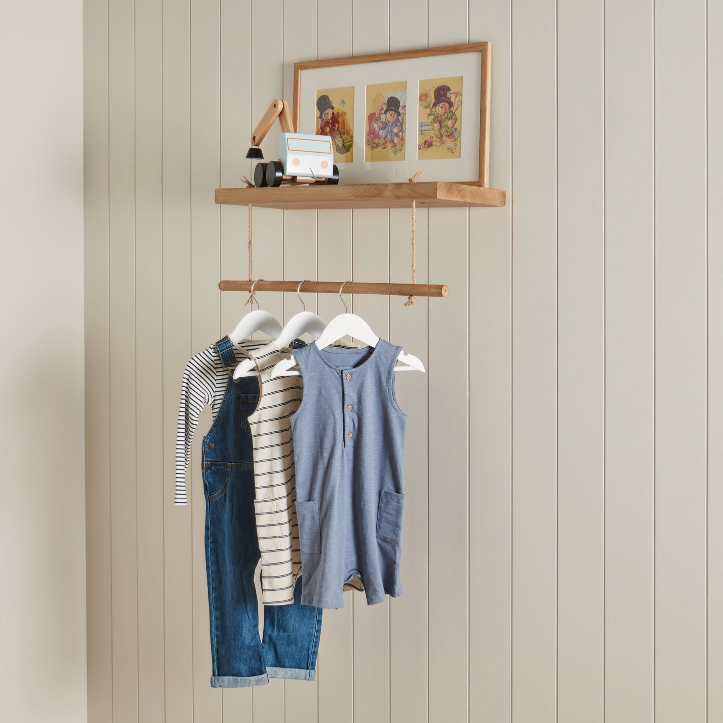 Solid Pine Kids Floating Shelf with Hanging Rail