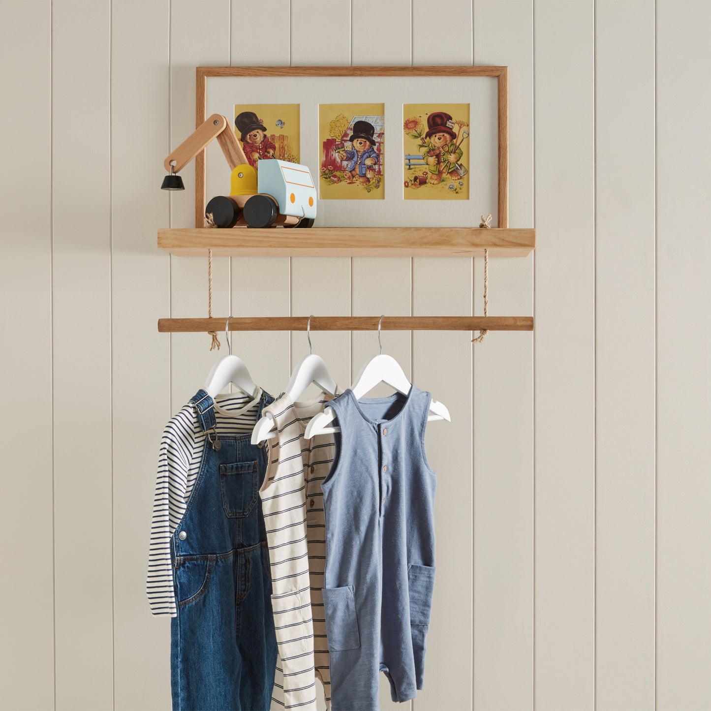 Solid Pine Kids Floating Shelf with Hanging Rail