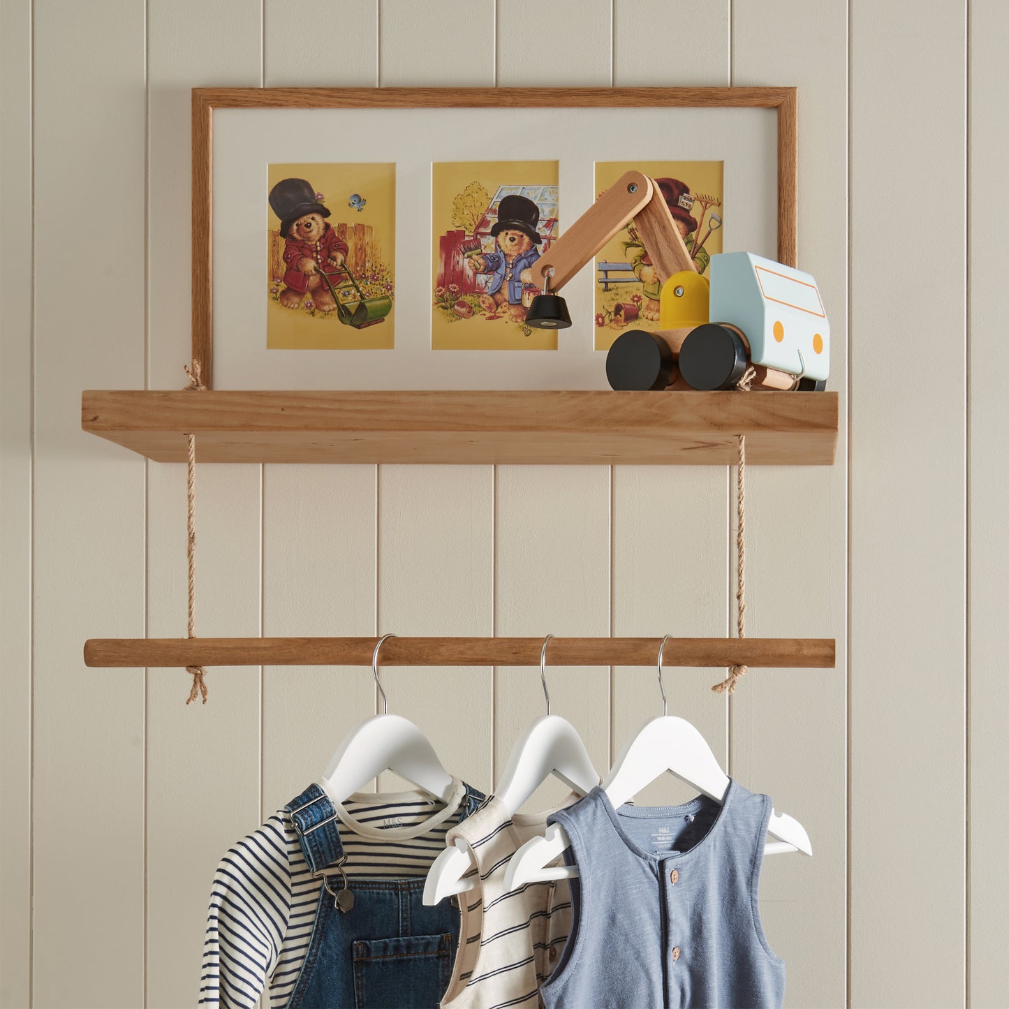 Solid Pine Kids Floating Shelf with Hanging Rail