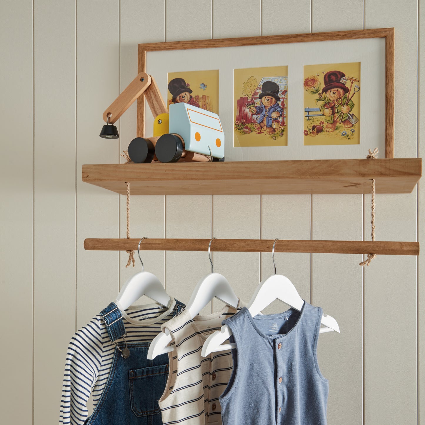 Solid Pine Kids Floating Shelf with Hanging Rail