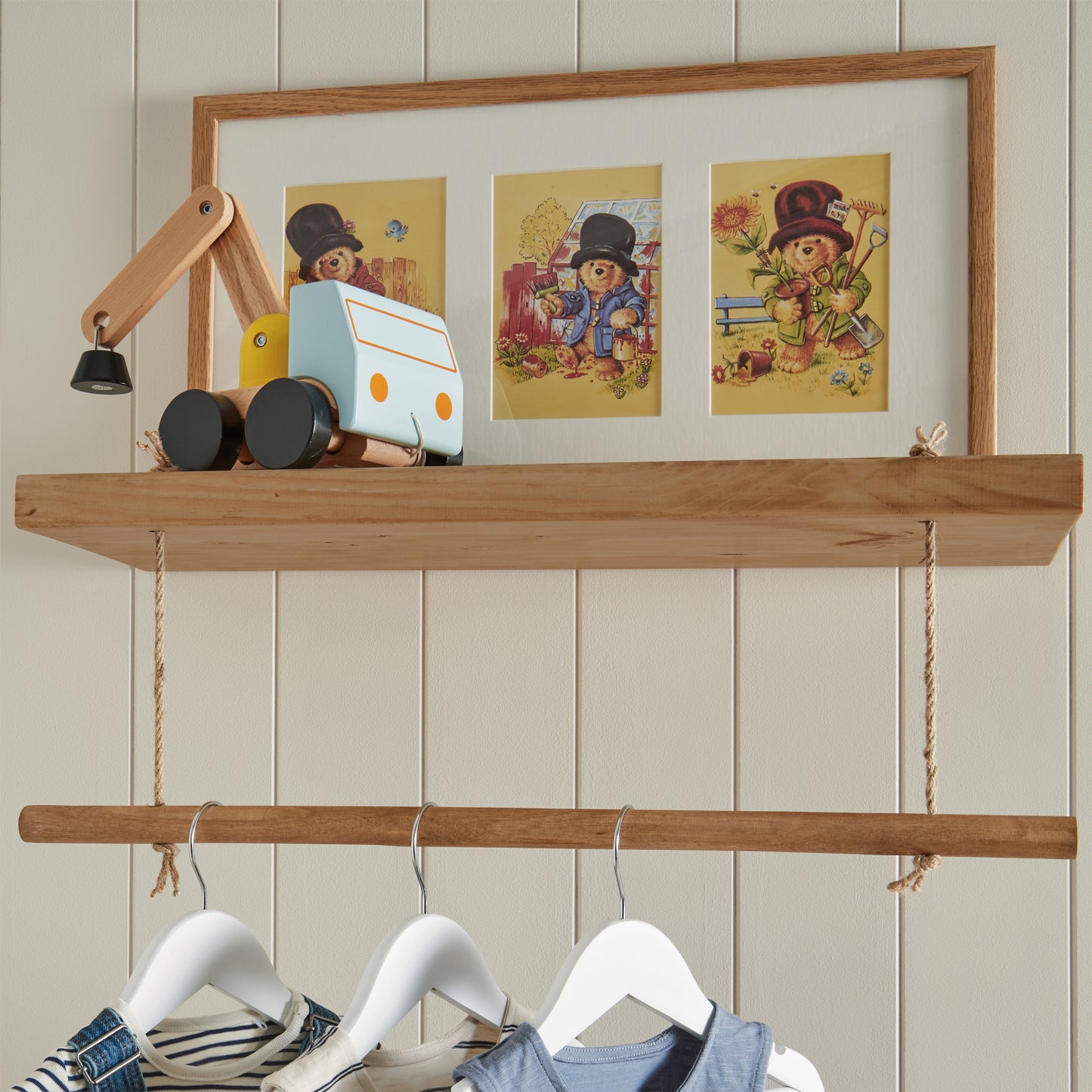 Solid Pine Kids Floating Shelf with Hanging Rail