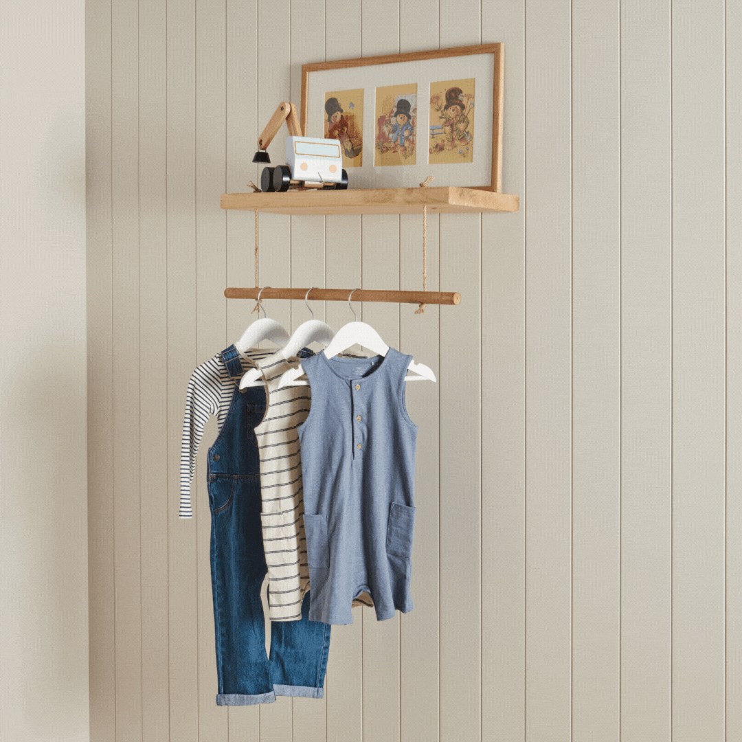 Solid Pine Kids Floating Shelf with Hanging Rail
