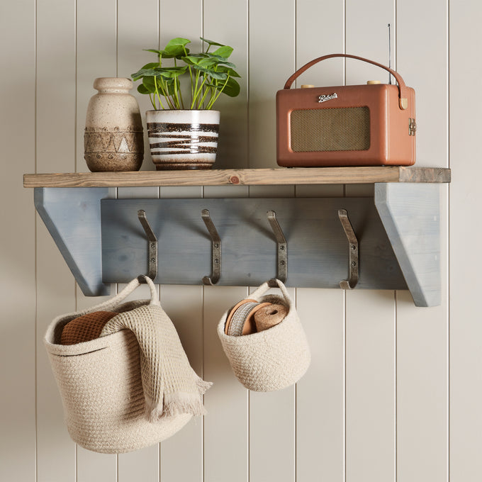 Pine Wash Wall Shelf with School Hooks