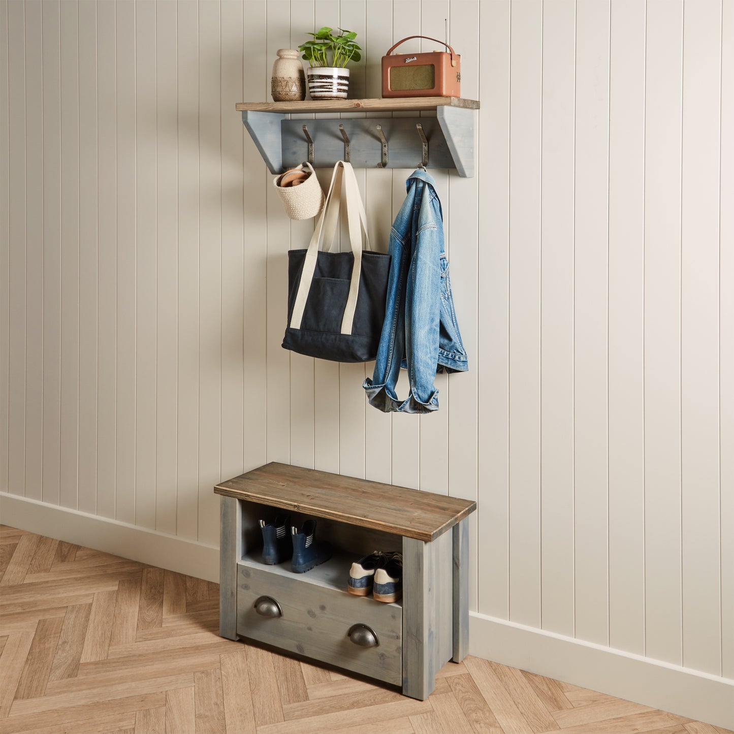 Pine Wash Wall Shelf with School Hooks