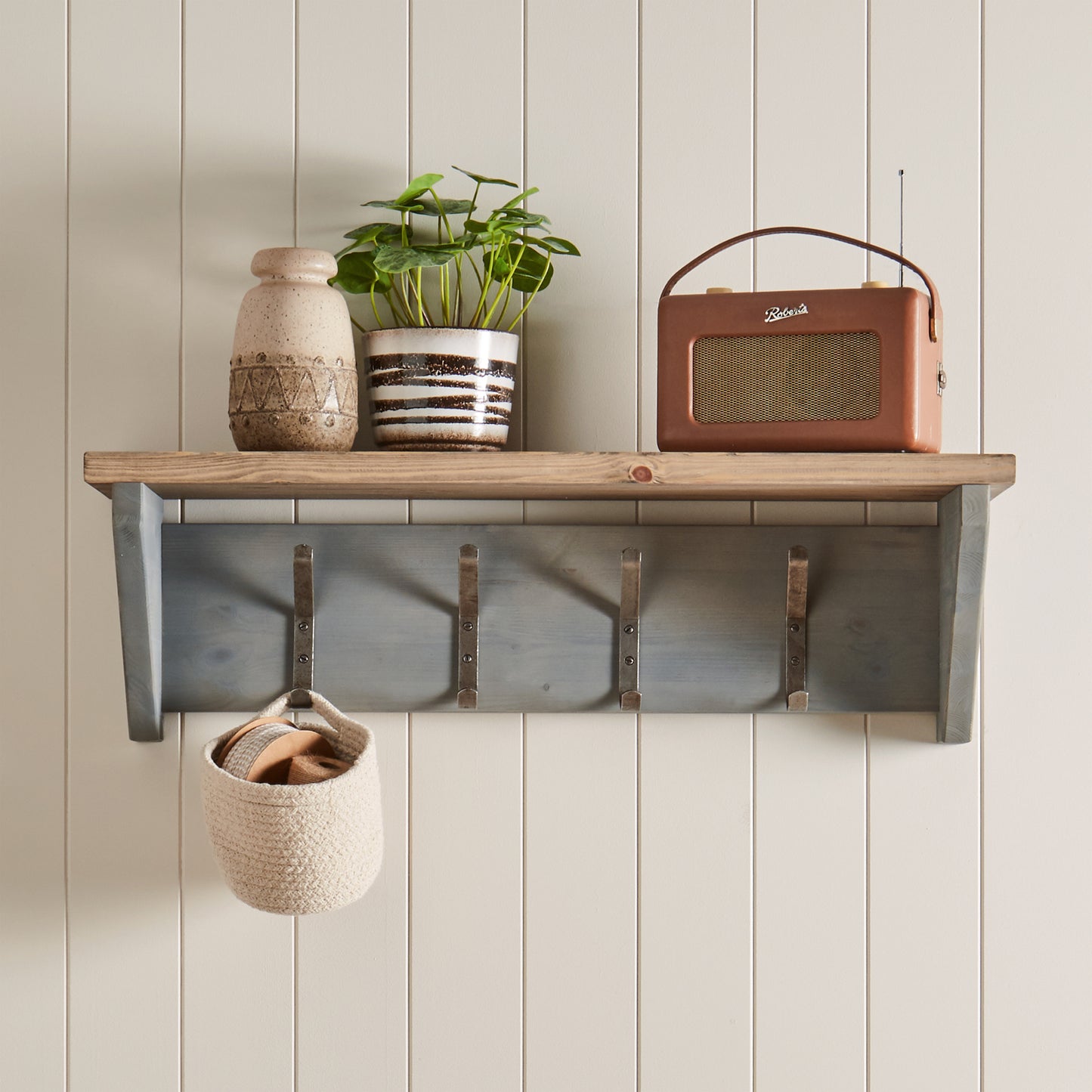 Pine Wash Wall Shelf with School Hooks