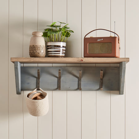Pine Wash Wall Shelf with School Hooks