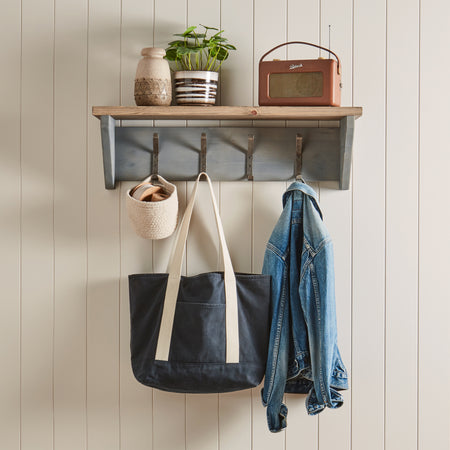 Pine Wash Wall Shelf with School Hooks