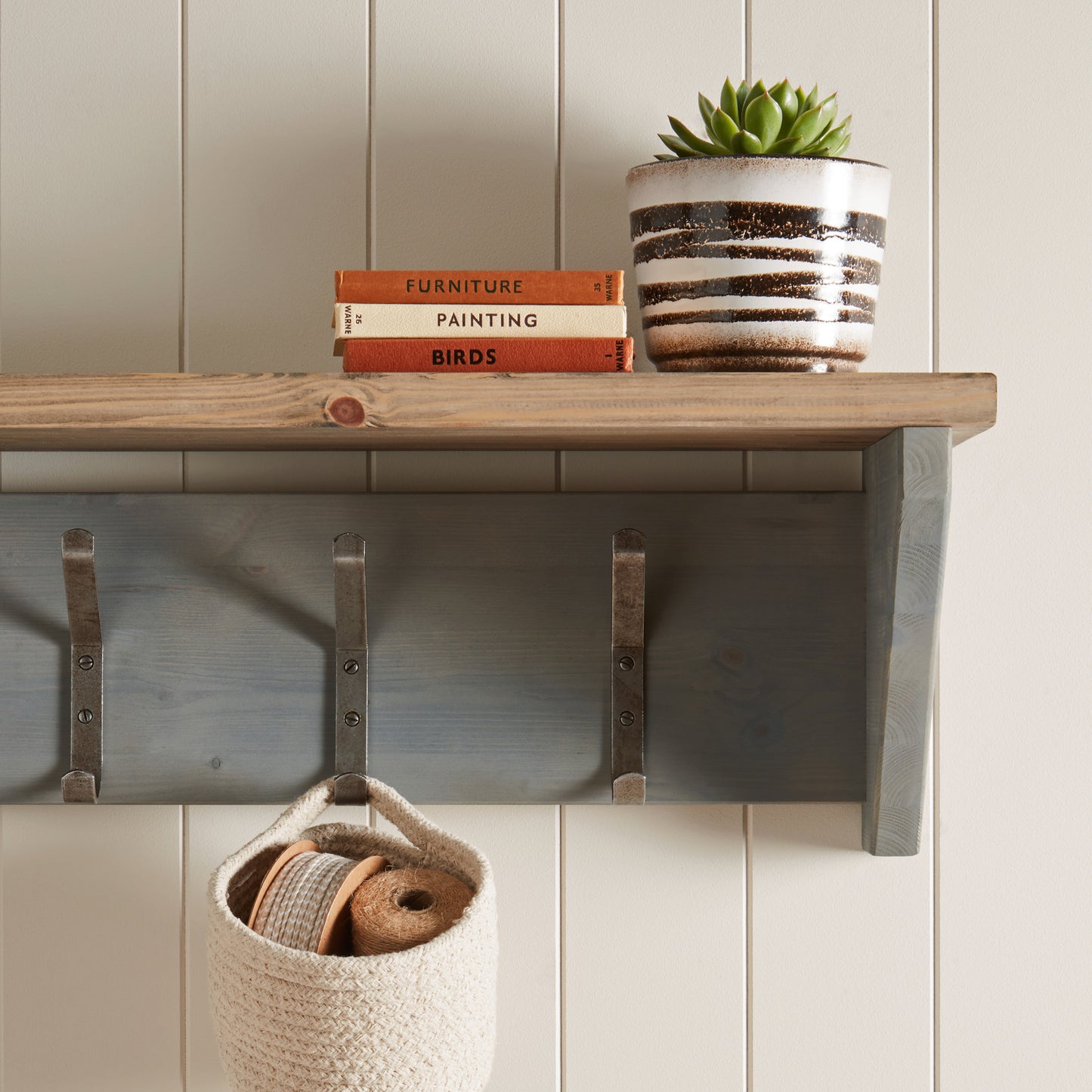 Pine Wash Wall Shelf with School Hooks