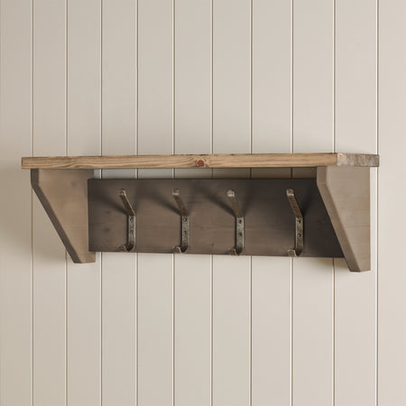 Pine Wash Wall Shelf with School Hooks