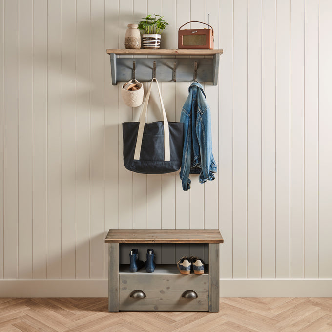 Solid Pine Customisable Wash FInish Shoe Storage with Wall Hooks